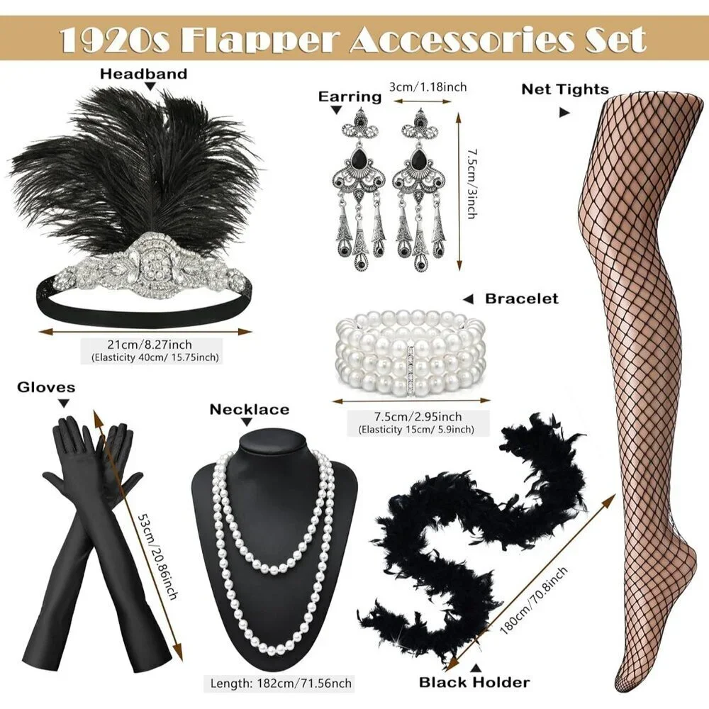 1920s Flapper Accessories Set Womens Costume Headband Gloves Pearl